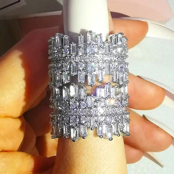 Sterling Silver Eternity Band Ring, Baguette, Micro Paved, Cubic Zircon, Luxury - Picture 6 of 13